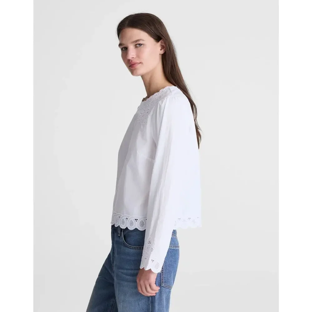 Madewell Women's Embroidered Puff-Sleeve Top in Poplin White Size Small NWT